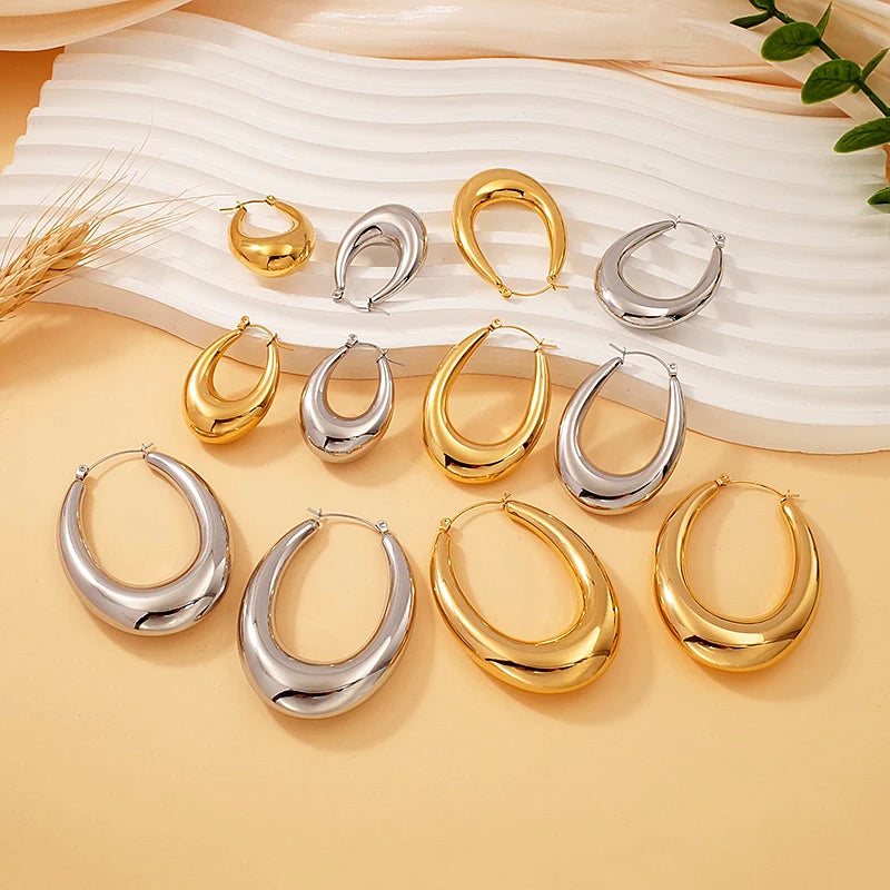 Classic Fashion Minimalist Stainless Steel Jewelry Wholesale Tarnish Free 18K Gold Plated Waterproof Chunky Hollow Hoop Earrings