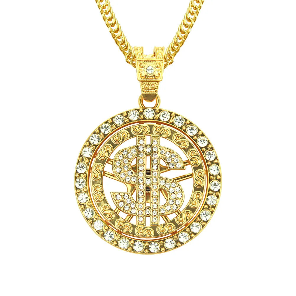 Gold Personalized Hip Hop Alloy 14K Gold Plated Funny Creative Round Dollar Symbol Charm Pendant Jewelry Fashion Wholesale Gifts