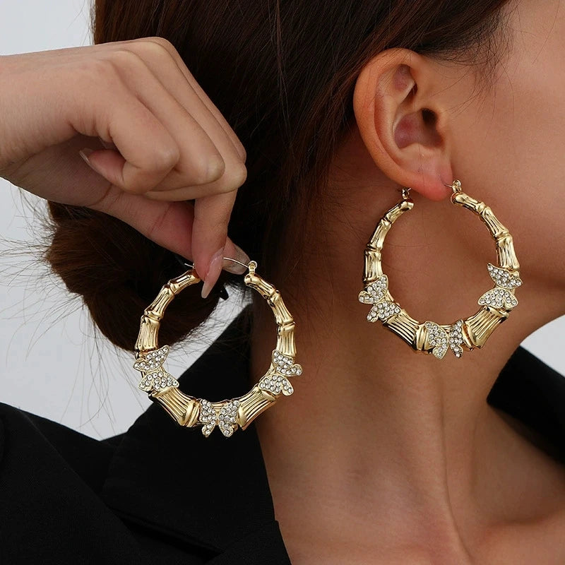 Go Party Fashion Jewelry Big Large Bamboo Hoop Earrings Gold Plated Metal Alloy Crystal Rhinestone Butterfly Joint Loop Earrings