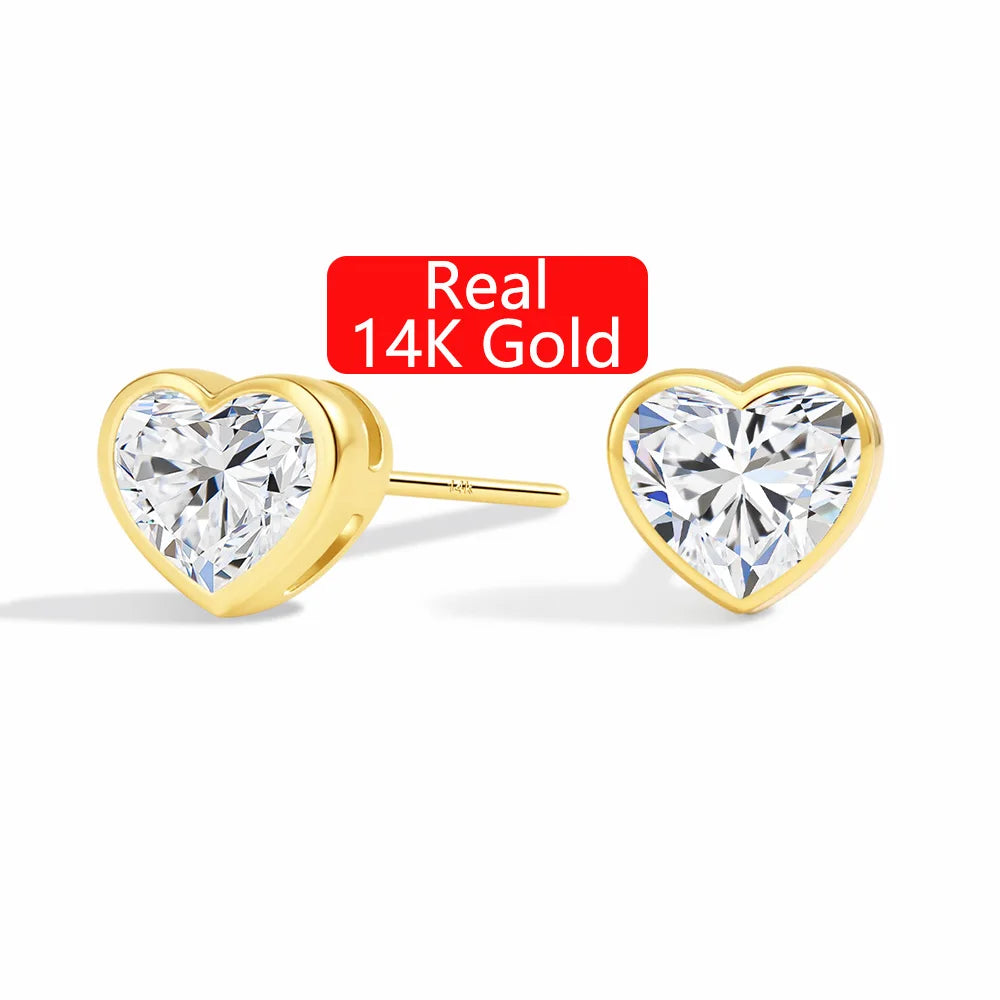 Wholesale Mini Gold Stud Heart Shaped Moissanite 1ct Valentine's Day Gift Woman Real 14K Gold Hollow Lightweight Earrings