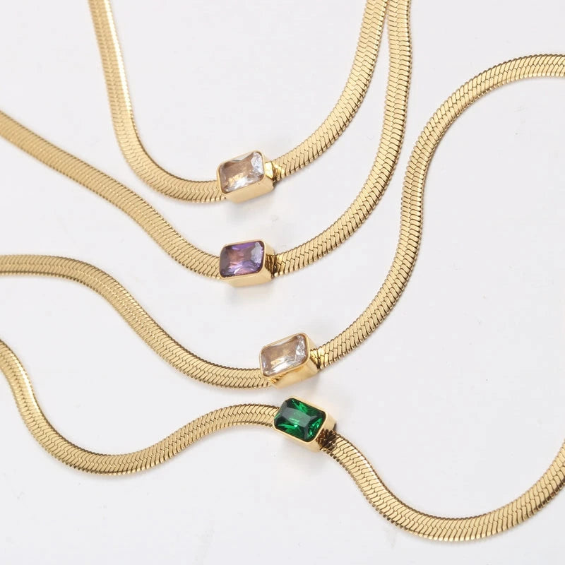 MICCI Wholesale Custom 18K Gold Plated Jewelry Stainless Steel Flat Snake Chain Necklace With Zircon Stone