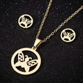 Trendy Non Tarnish 18K Gold Silver Plated Stainless Steel Butterfly Necklace Earring Jewelry Set