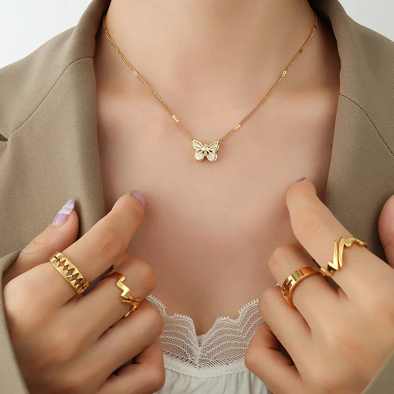 Choker Jewelry 18K Gold Plated Stainless Steel Zircon Crystal Butterfly Pendant Necklace Cubic Zirconia Charm Necklace for Women
