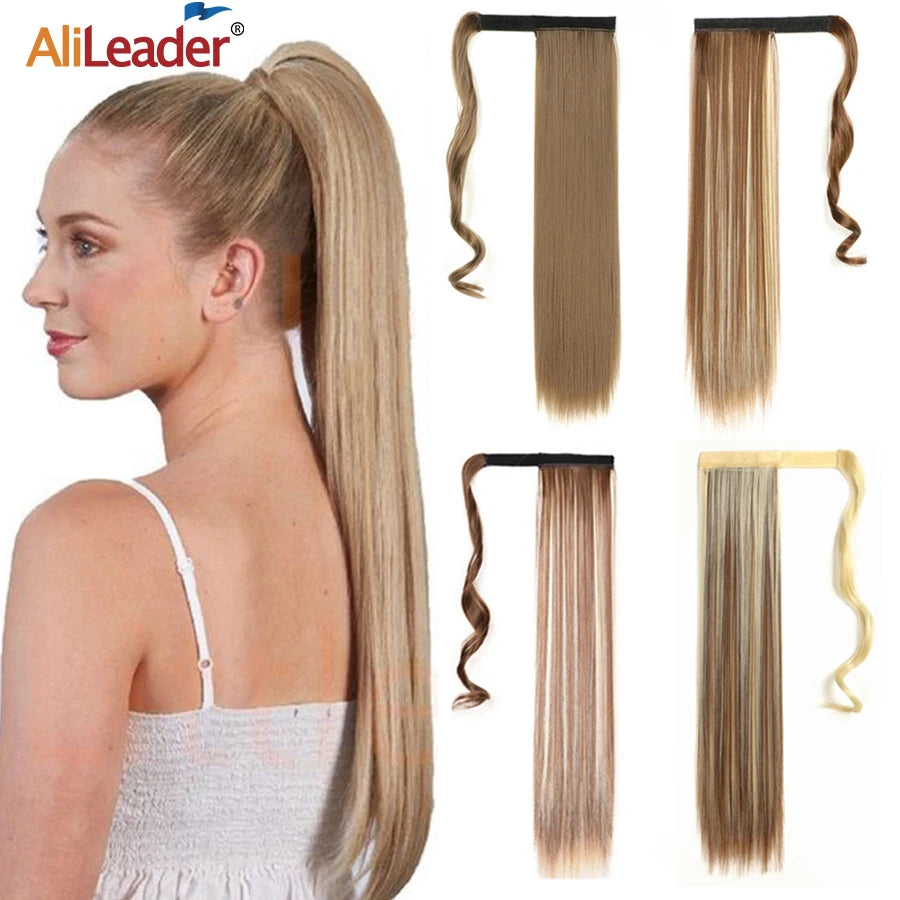 Heat Resistant Synthetic Natural Wave Pony Tail Fake Hairpieces 22" Long Straight Wrap Around Clip in Ponytail Hair Extension