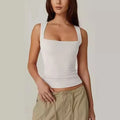 Women's Double-Layer Tank Tops Square Neck Sleeveless Basic Tight T-Shirts Short Knitted Fabric with Beading Decoration
