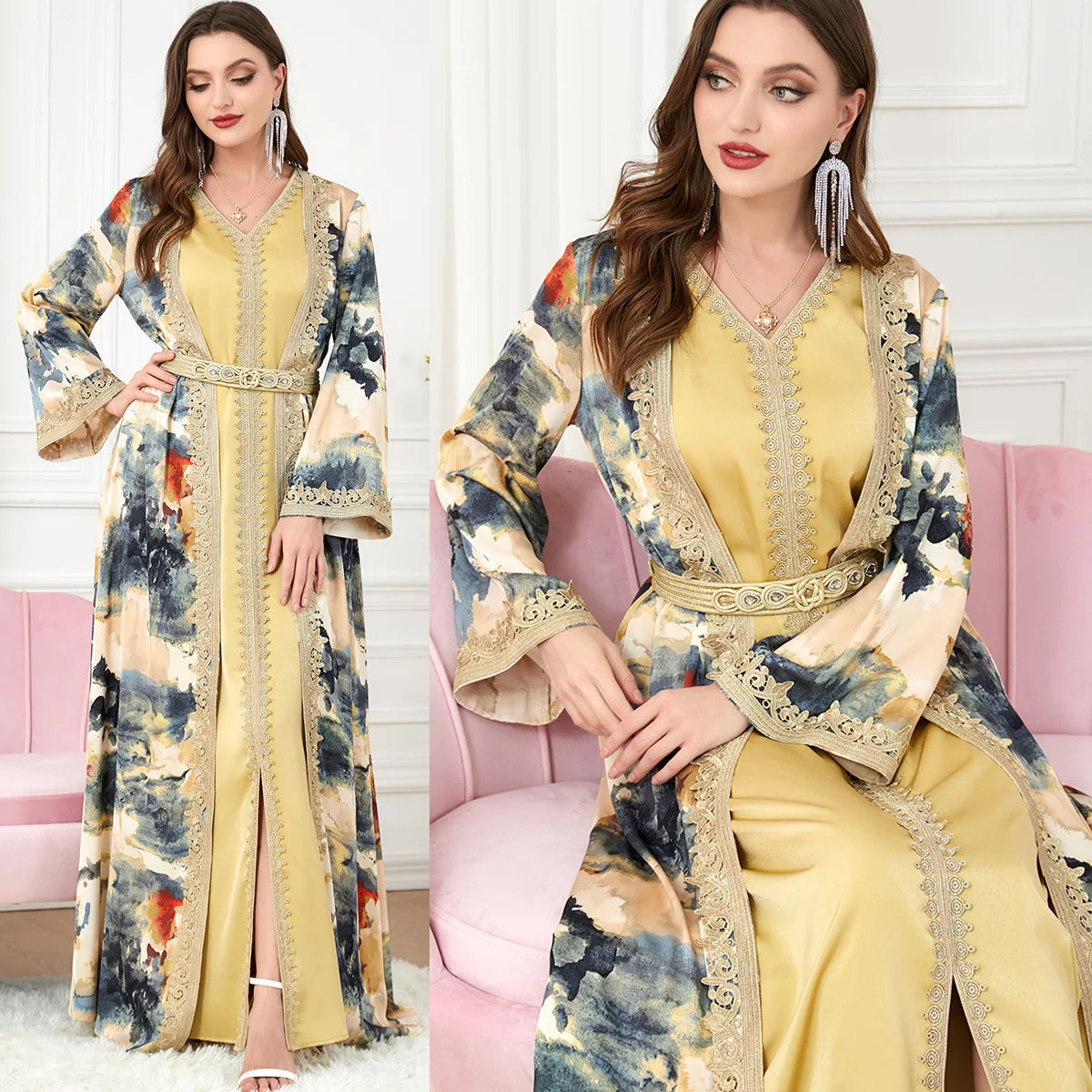2024 New Middle East Robe Splicing Muslim Two Piece Dress Muslim Clothing Cross Border Set