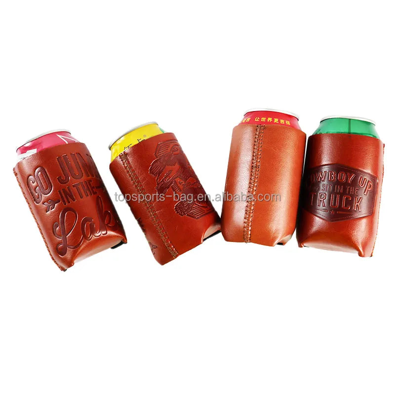 Embossed Logo Can Holders PU Leather Beer Can Holder Waterproof Faux Leather Can Sleeves