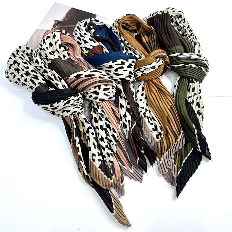 New Versatile Pleated Shawl With Leopard Print Printed Women's Headscarf Pleated Polyester square Scarf