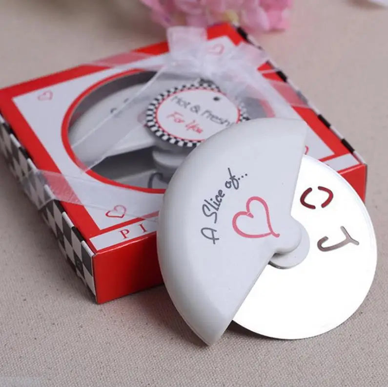 Stainless Steel Pizza Cutter Wheel With Protective Blade Guard a Slice of Love Metal Pizza Knife Wedding Favors Gifts for Guest