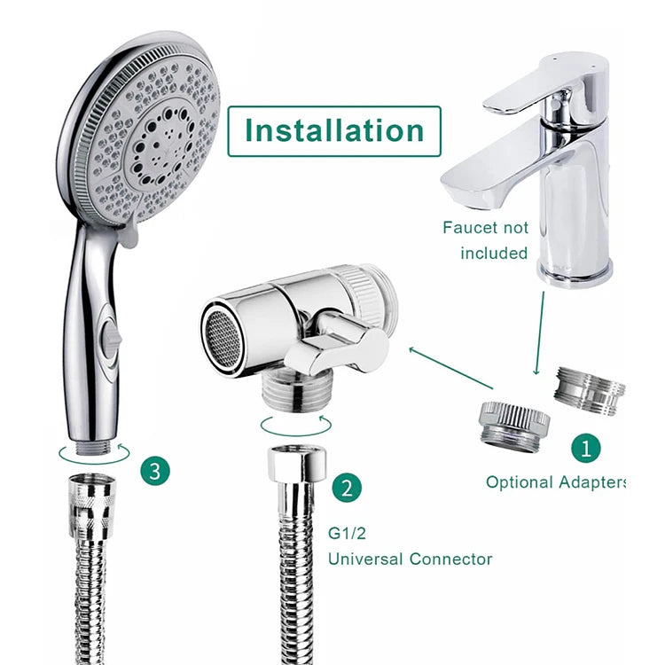 Functional Shower Head 5 FT Stainless Steel Hose 3 Way Valve Diverter Adjustable Shower Holder Sink Sprayer 4 Pieces Shower Set