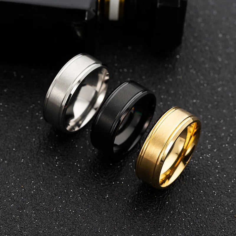 Wholesale Custom 8mm Glossy Brushed Gold  Plated Matte Ring Fashion Trendy Simple Stainless Steel Mens Ring