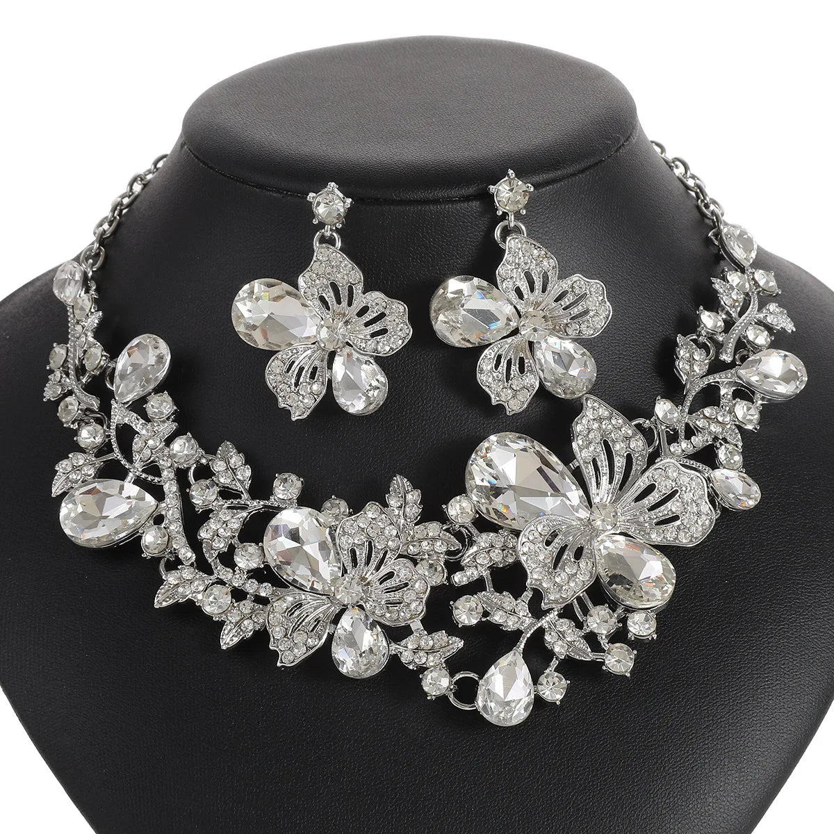 Exaggerated Design Luxury Rhinestone Flower Necklace Earrings Set for Women Wedding Fashion Jewelry Anniversary Gift