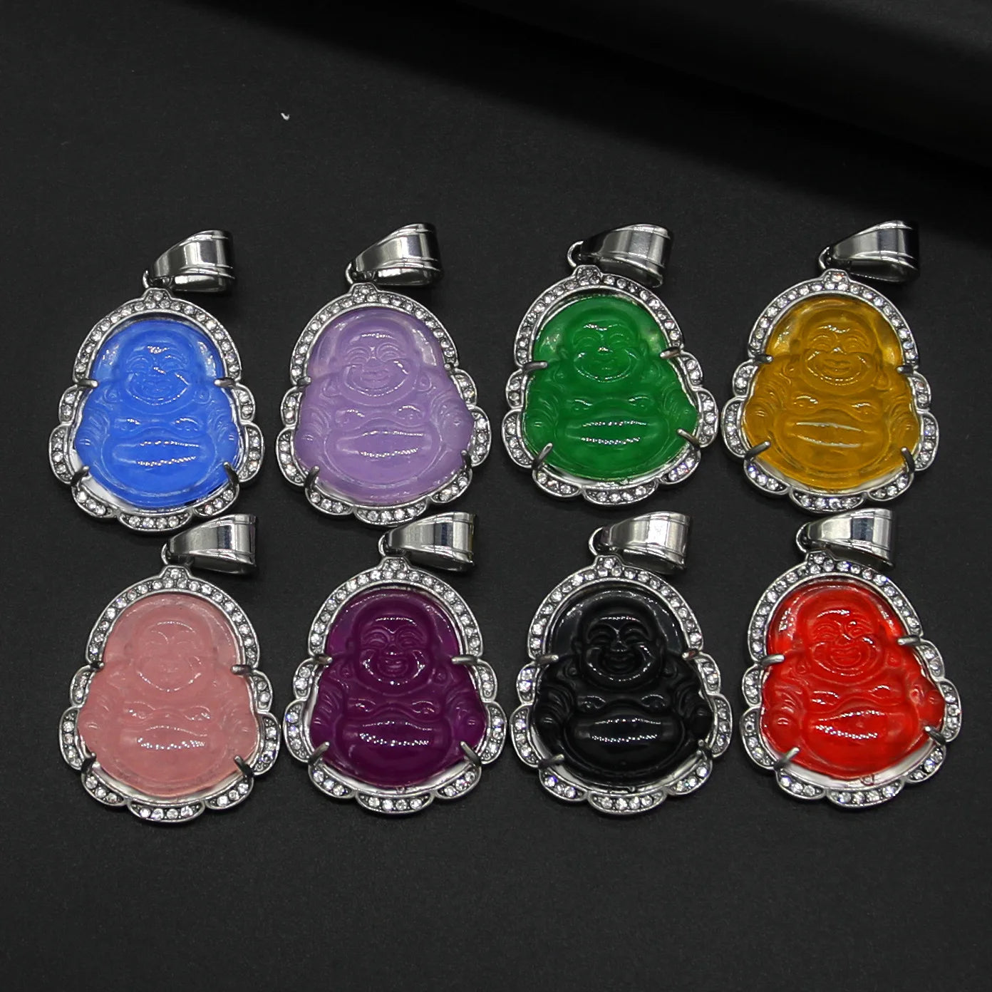 Stainless Steel  Edge Buddha Onyx Pendant Necklace Multi Color Religious Maitreya Pendant Buddha Necklace