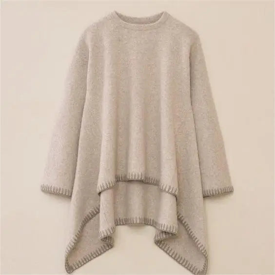 2026 Knitwear Manufacturer Custom Alpaca Wool Cotton Blend Asymmetric Crewneck Pullover Knit Women Poncho Sweater