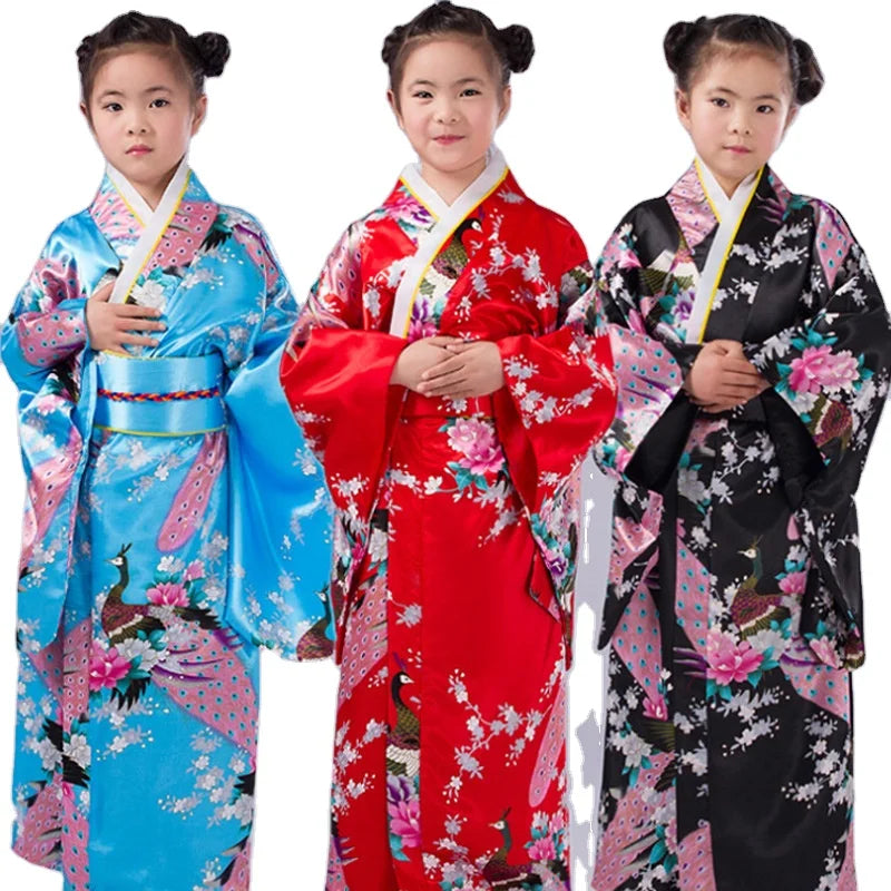 Kids Girls Kimono Japanese Asian Top Dress Robe Sash Belt Outfit