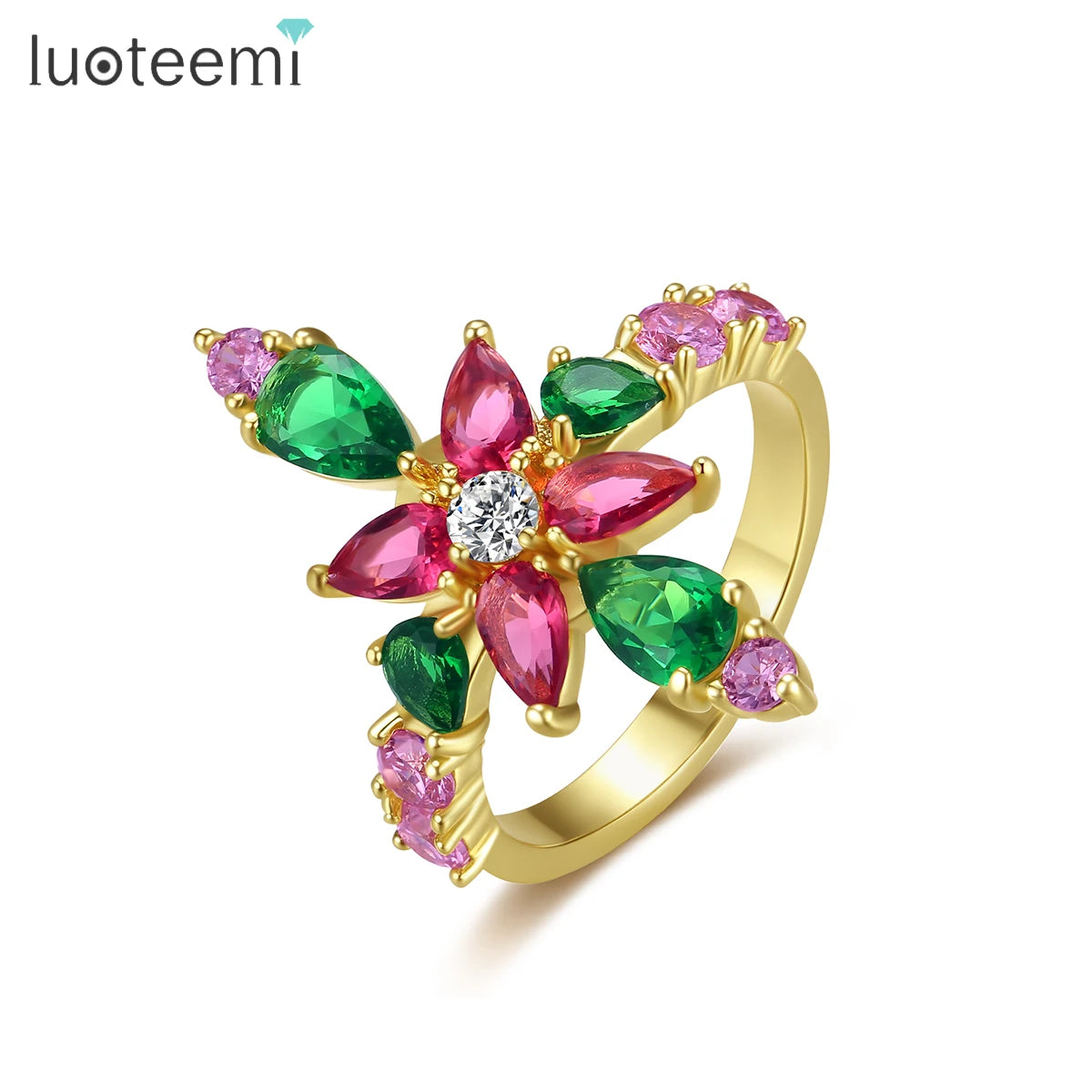 LUOTEEMI Custom New Brass Jewelry Stone Finger Zircon Vintage Flower Fashion Trendy Color Crystal Ring