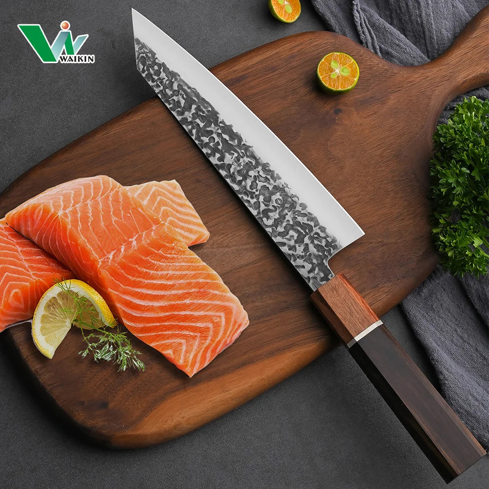 8-Inch Forged Kiritsuke Chef Knife Ebony Wood Handle Black Oxide Hammered Carbon Steel Handmade Blade Kitchen Gyuto Knives