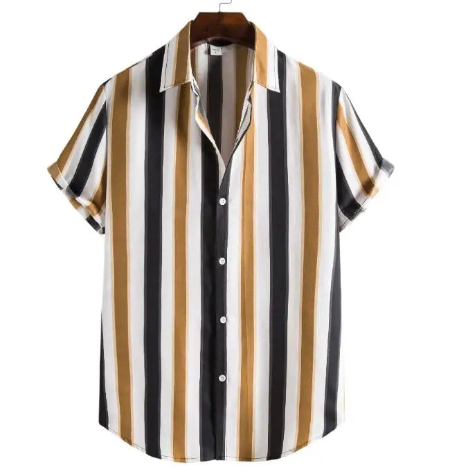 New Hot Summer Mens Simple Stripes Shirts Ethnic Printing Beach Short Sleeve Blouse Shirt Casual Hawaiian Shirts