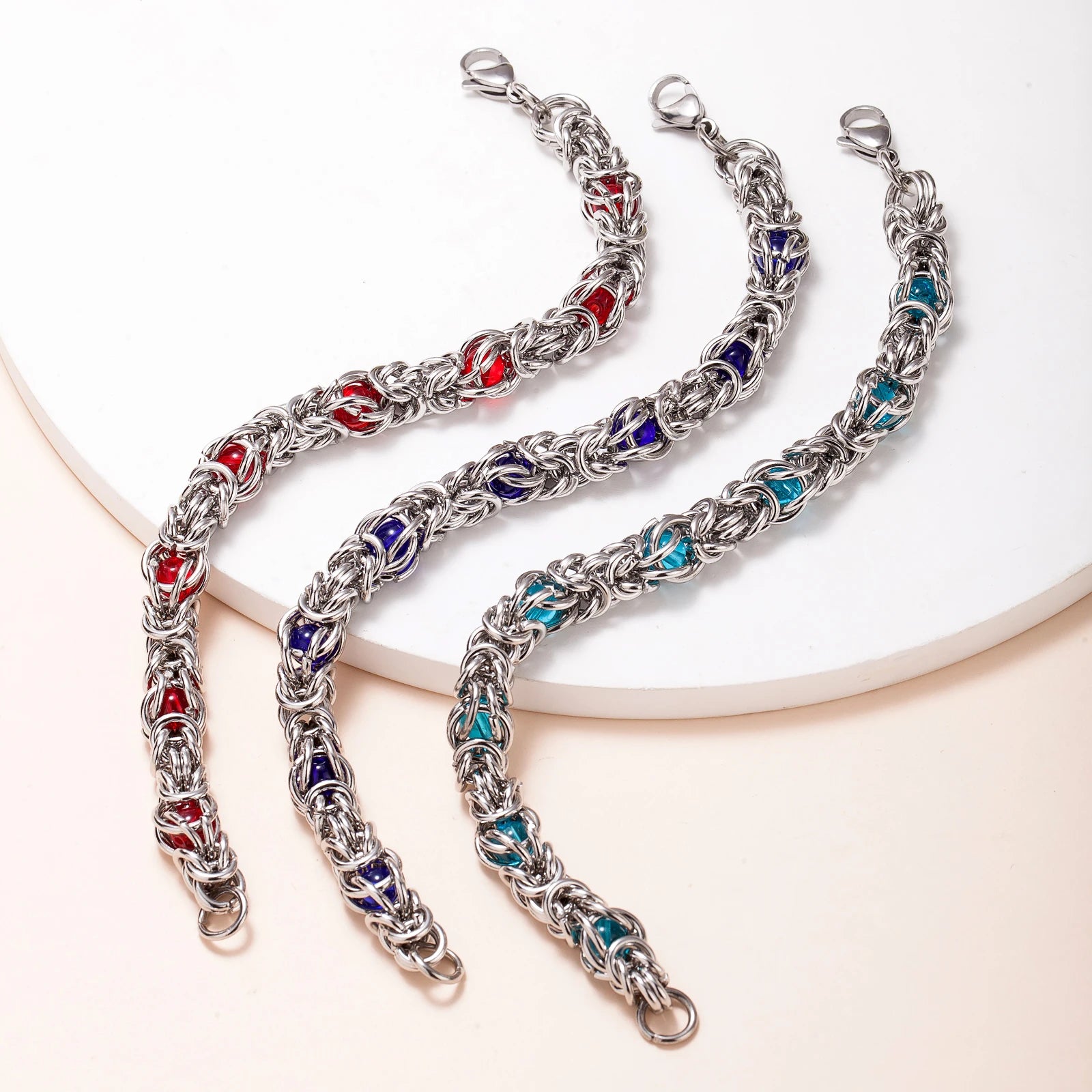 Hot Sale Stainless Steel Locomotive Hip-Hop Punk Silver Bracelet Blue Red Crystal Bead Bracelet