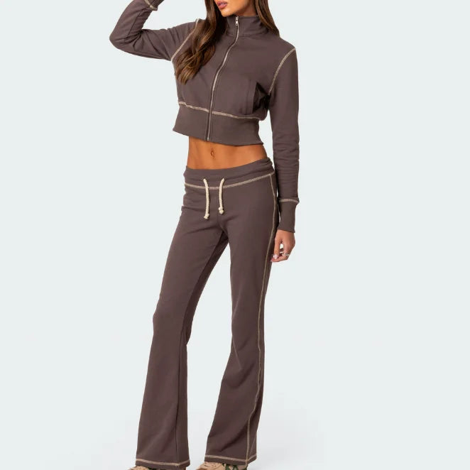 New Designed Custom Logo Printed Contrasting Color Stitch Tracksuit Full Zipper Cropped Tops Elastic Waistband Women 2 Piece Set custom logo loungewear sets