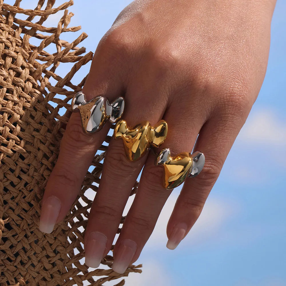 New Arrival Stainless Steel PVD Plated 18K Gold Heavy Cast Geometric Colour Block Ring for Women