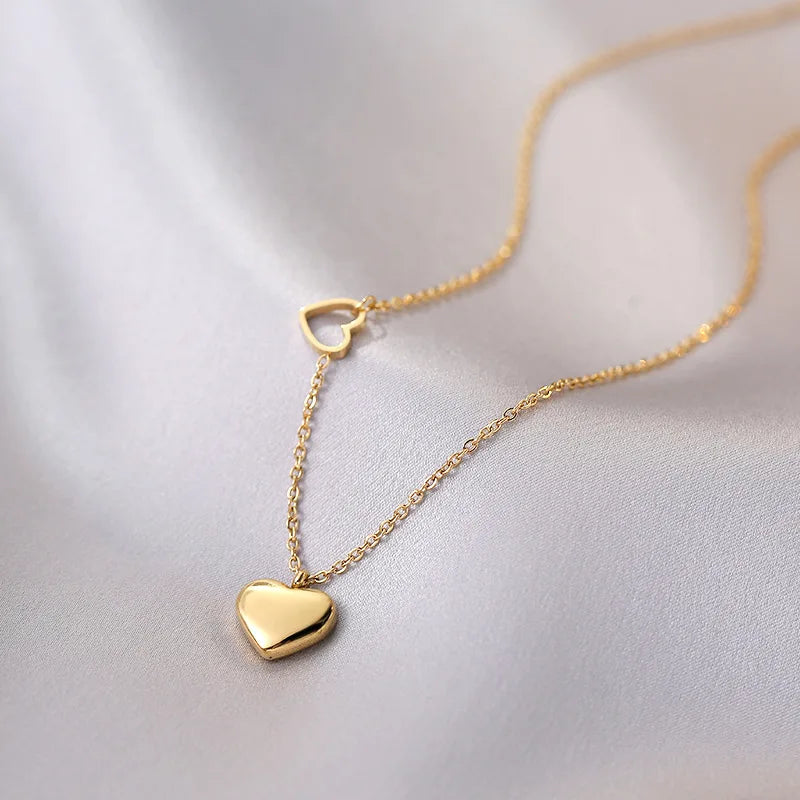 Women 18K Necklace Gold Plating Stainless Steel Double Heart Necklace for Valentine Day Gift