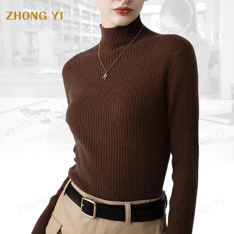 Factory Wholesale Women Autumn Long Sleeve Slim Fit Stretch Simple Basic Pullover Solid Color Casual Pullover Turtleneck Sweater