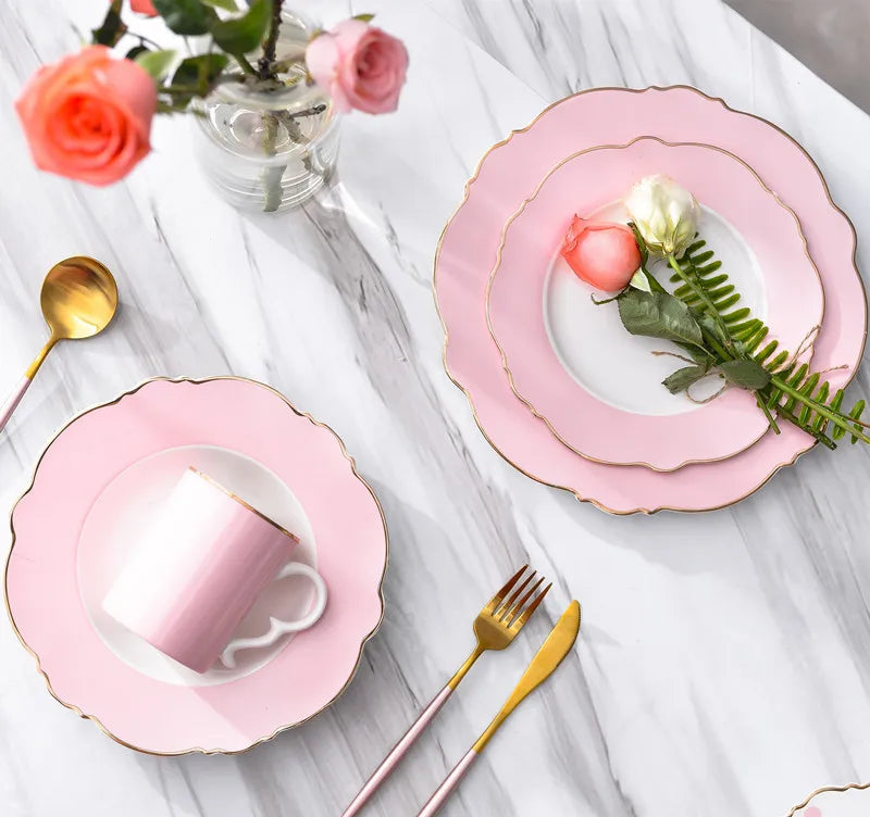 SOLHUI Wholesale New Design Sunflower Ceramic Plate Gold Rim Porcelain Plates  Dinnerware Dishes Dinnerware