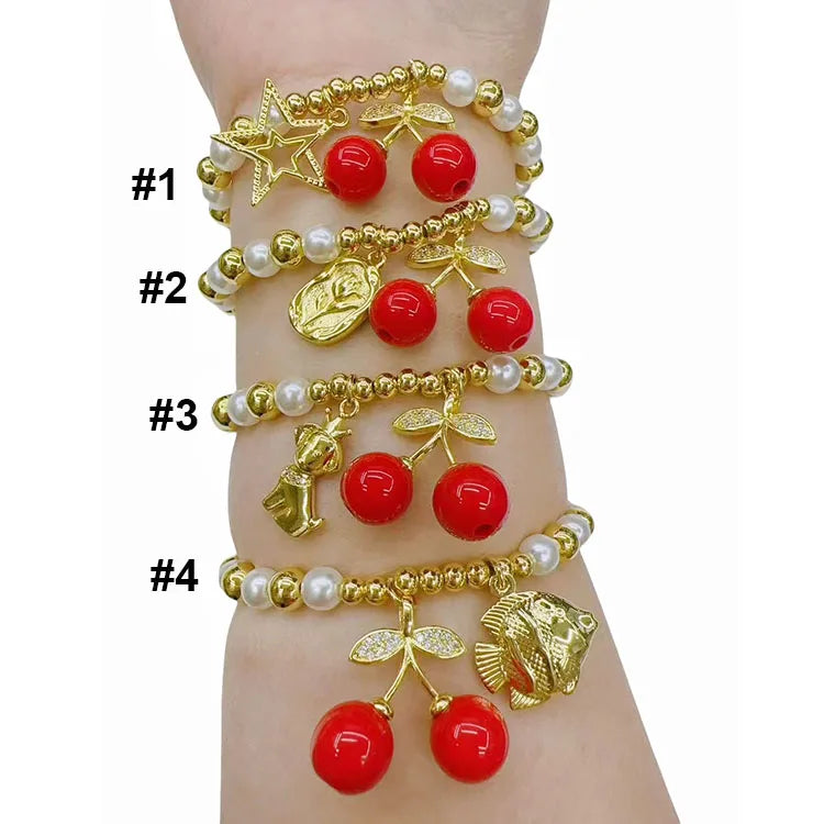 BC1559  Chic 18K Gold Plated Round Ball Bead Ladies Pearl Beaded Red Cherry Cherries Charms Bracelet