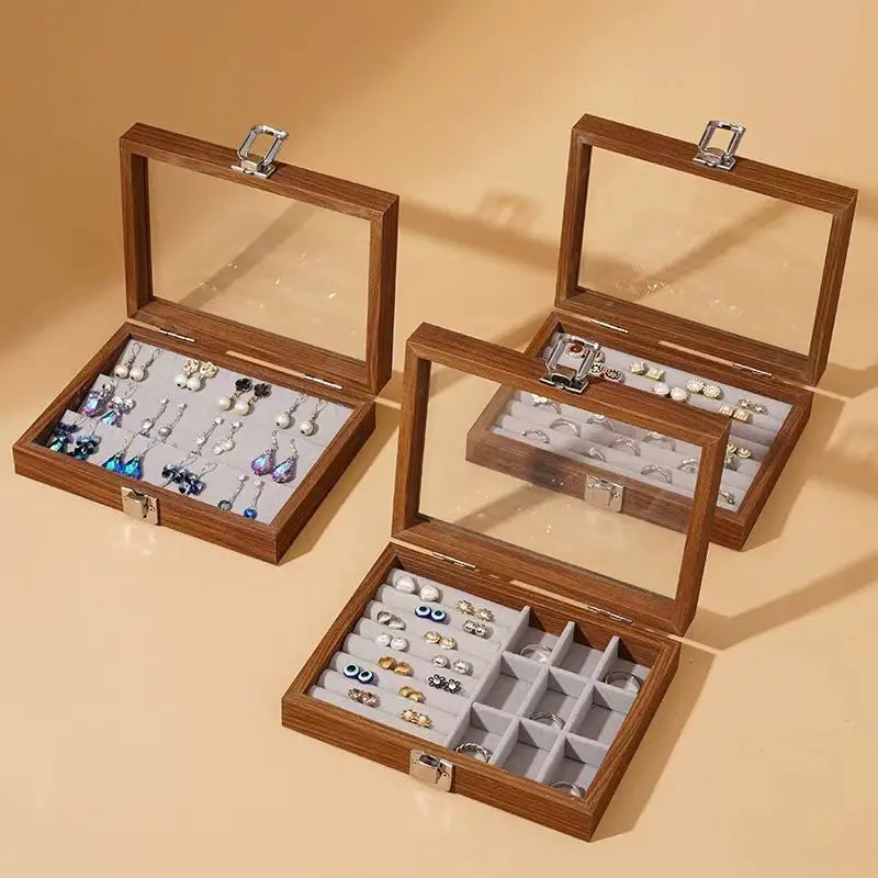 New Arrival Jewelry Storage Box Black Walnut Small Ring Bracelet Earrings Necklace Jewelry Display Box with HD Glass