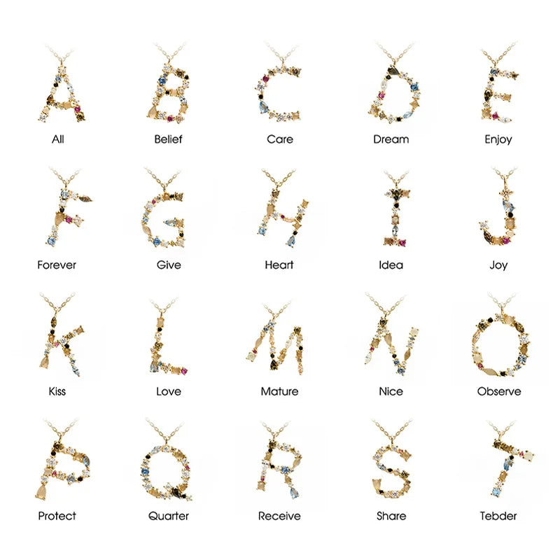 925 Sterling Silver Zircon Rainbow Initial Letter Pendant Necklace Water-wave Chain Gold Plated Trendy Style for Party