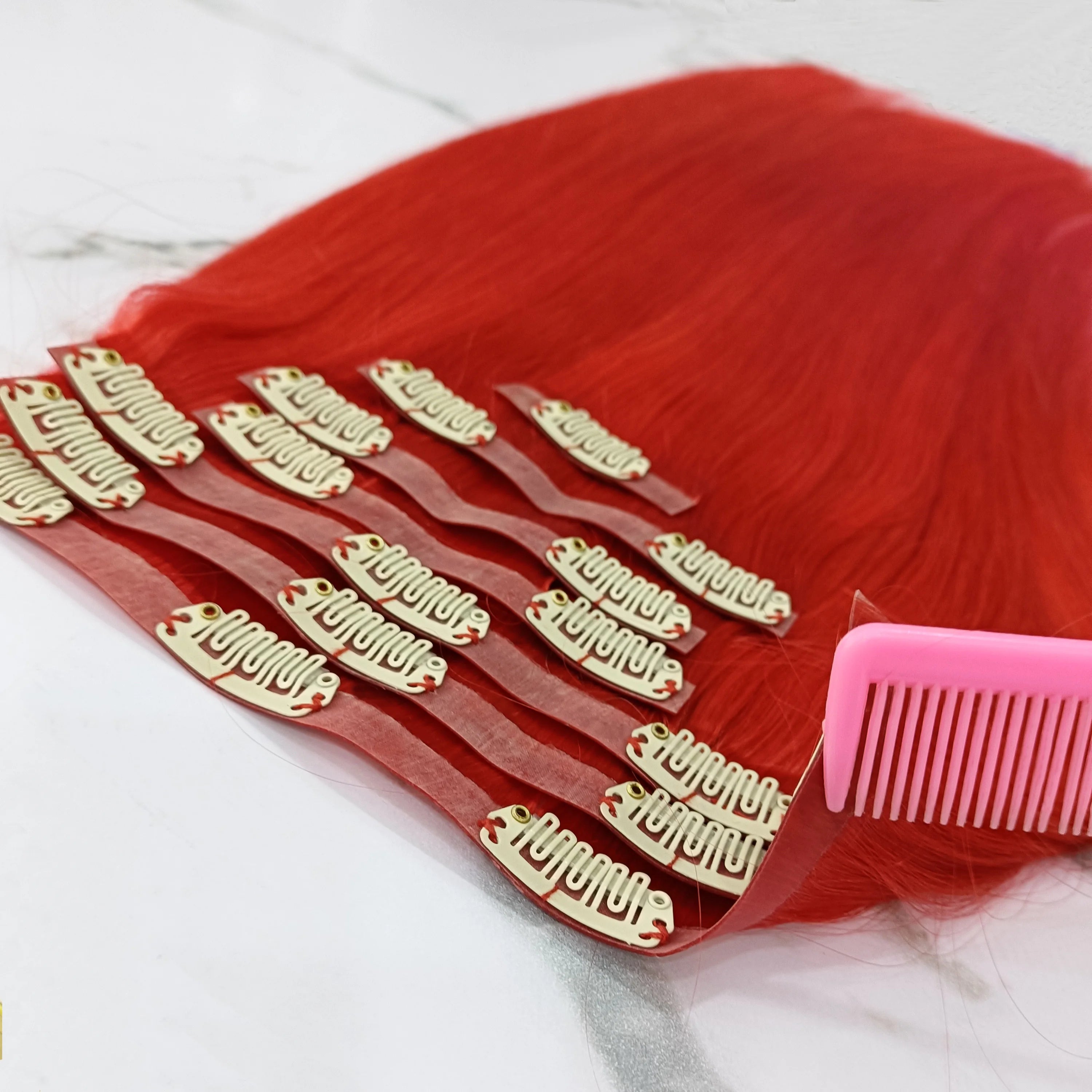 Wholesale Indian Russian  PU Clip-in Human Hair Extensions Red 120g 150g 180g  Invisible Weft Seamless Clip in Hair Extension