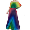 Rainbow Print Summer Chiffon Maxi Dress Women Slash Neck Ruffles Pleated Elegant Boho Beach Wear Party Long Dresses Vestidos