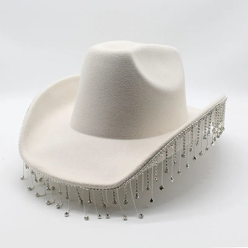 Fashion Diamond Tassel Cowgirl Hat Western Style Girl Wide Brim Felt Costume Cosplay Party Hats