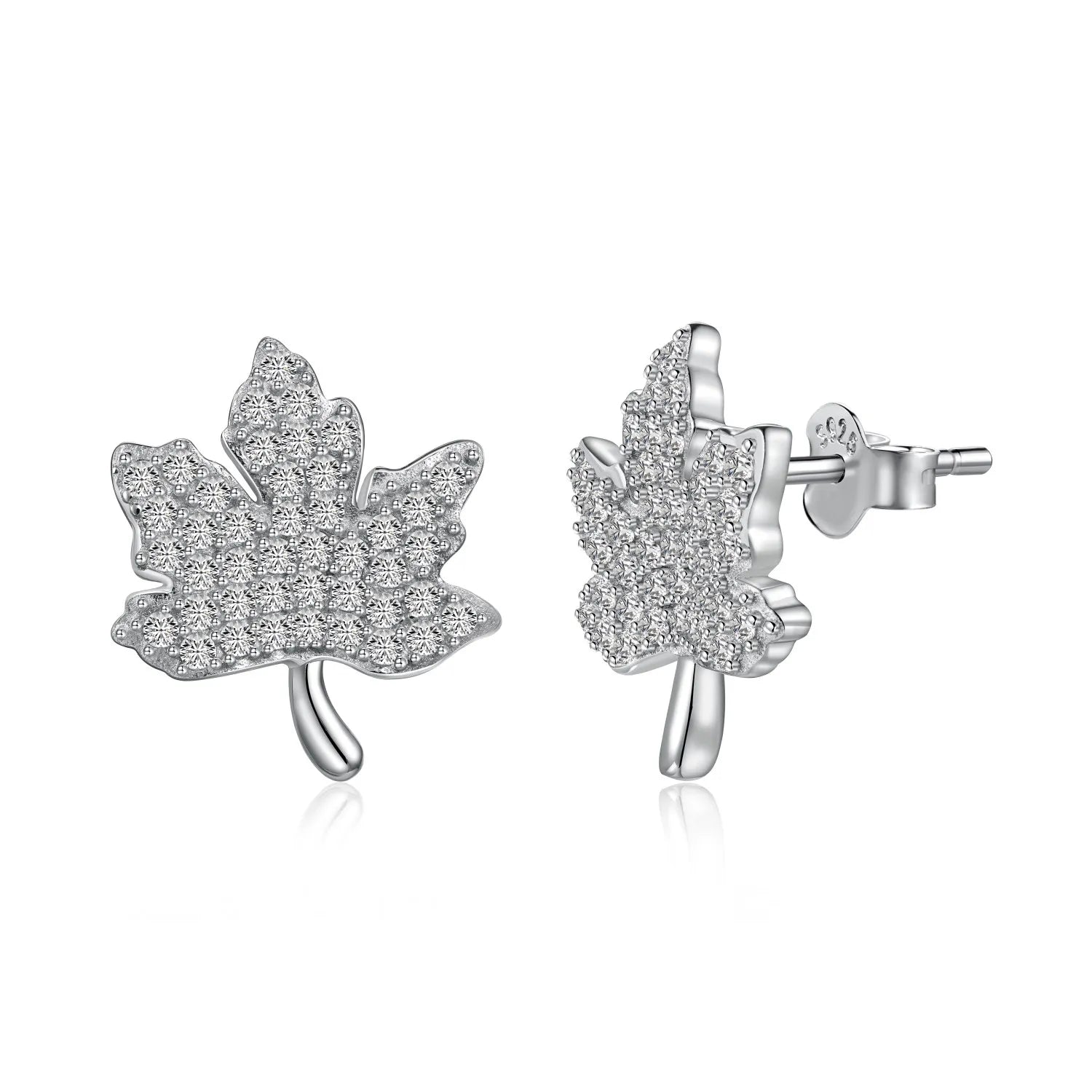 Dylam New Arrival Sterling Silver Hypoallergenic Non Tarnish Rhodium Plated 5A Zirconia French Maple Leaf Shape Stud Earrings
