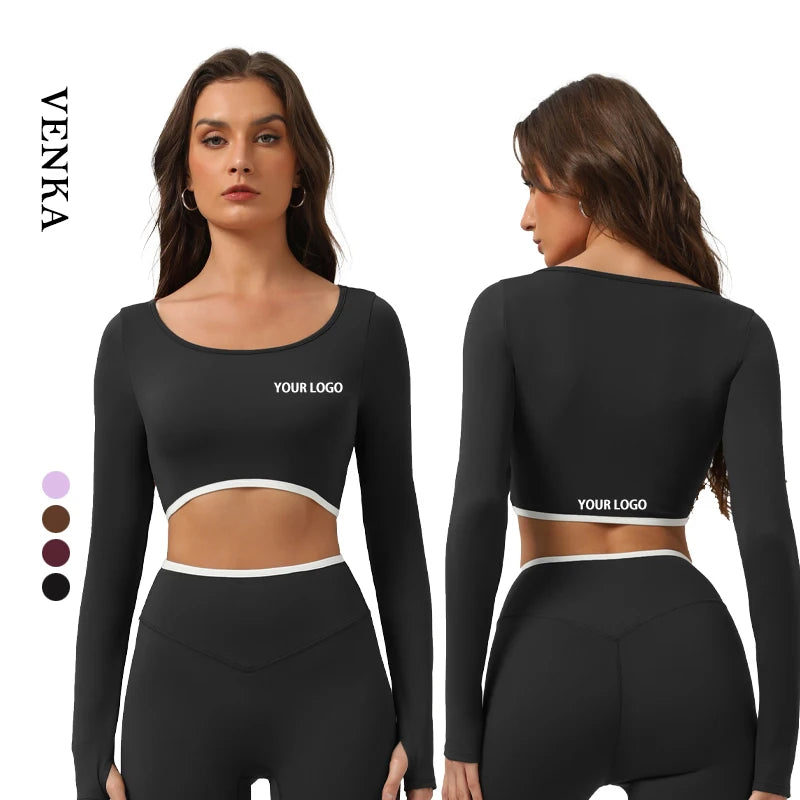 Women's Athletic Wear Round Neck Tight Sweatshirts Slim Fit Crop Tops With Thumb Hole Ladies Gym Yoga Long Sleeve T-shirts