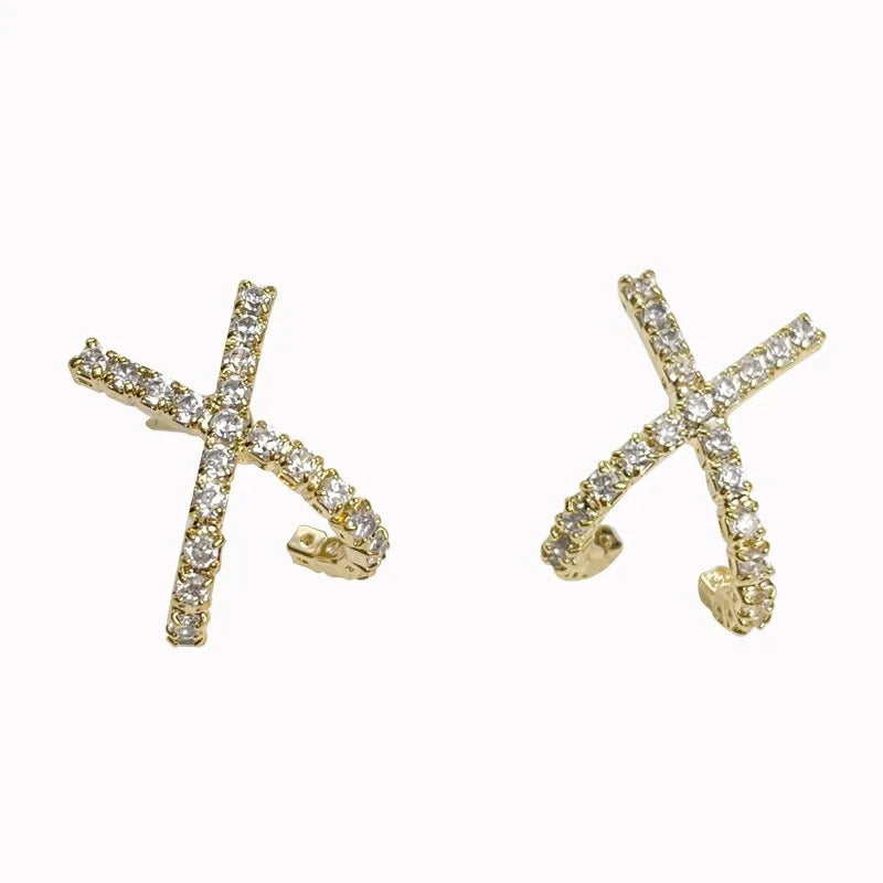 Womens Jewelry 925 Sterling Silver Full Diamond 18K Gold Plated CZ Zircon Cross Statement Stud Earrings