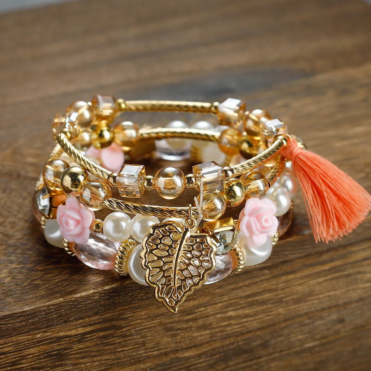 YL Women's European American Hot Selling Bohemian 4-Piece Set Zinc Alloy Flower Beaded Tassel Hollow Leaf Multi-Layer Elastic