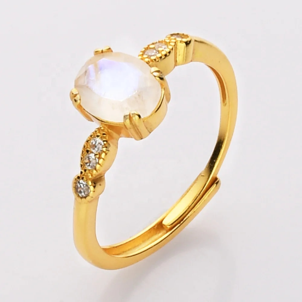 Gold Plated 925 Sterling Silver Women Dainty Oval Rose Quartz Moonstone Crystal Fine Jewelry Rings