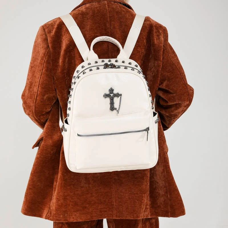 2025 Punk Style PU Leather Backpack Women Rivets Cross Design Daypack Travel Female Back Pack Bag