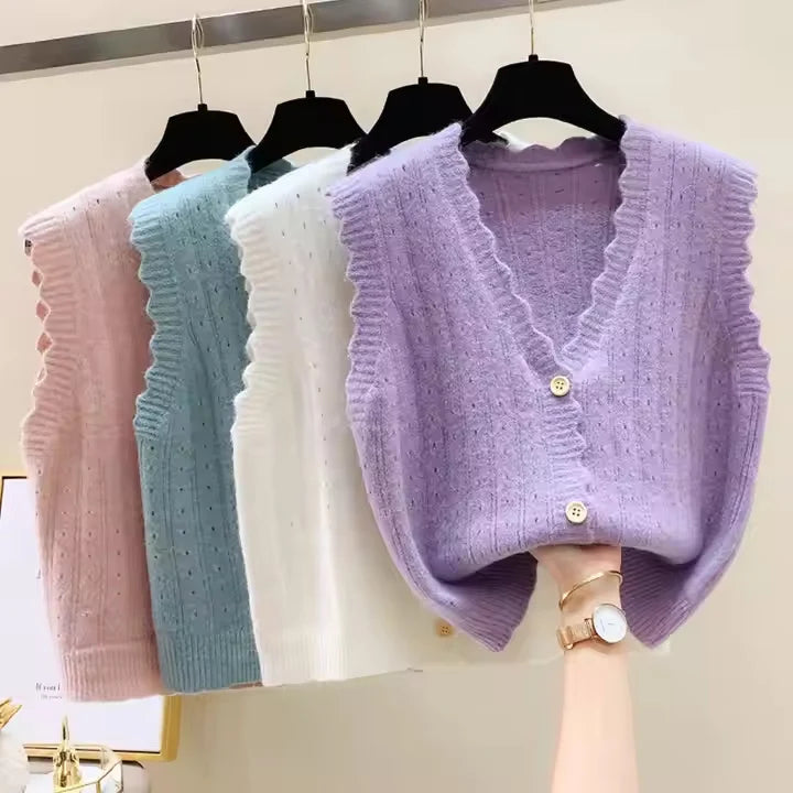 Women's Flat Knitted Breathable Polyester/Cotton V-Neck Cardigan Sleeveless Vest for Spring Autumn Casual Wear