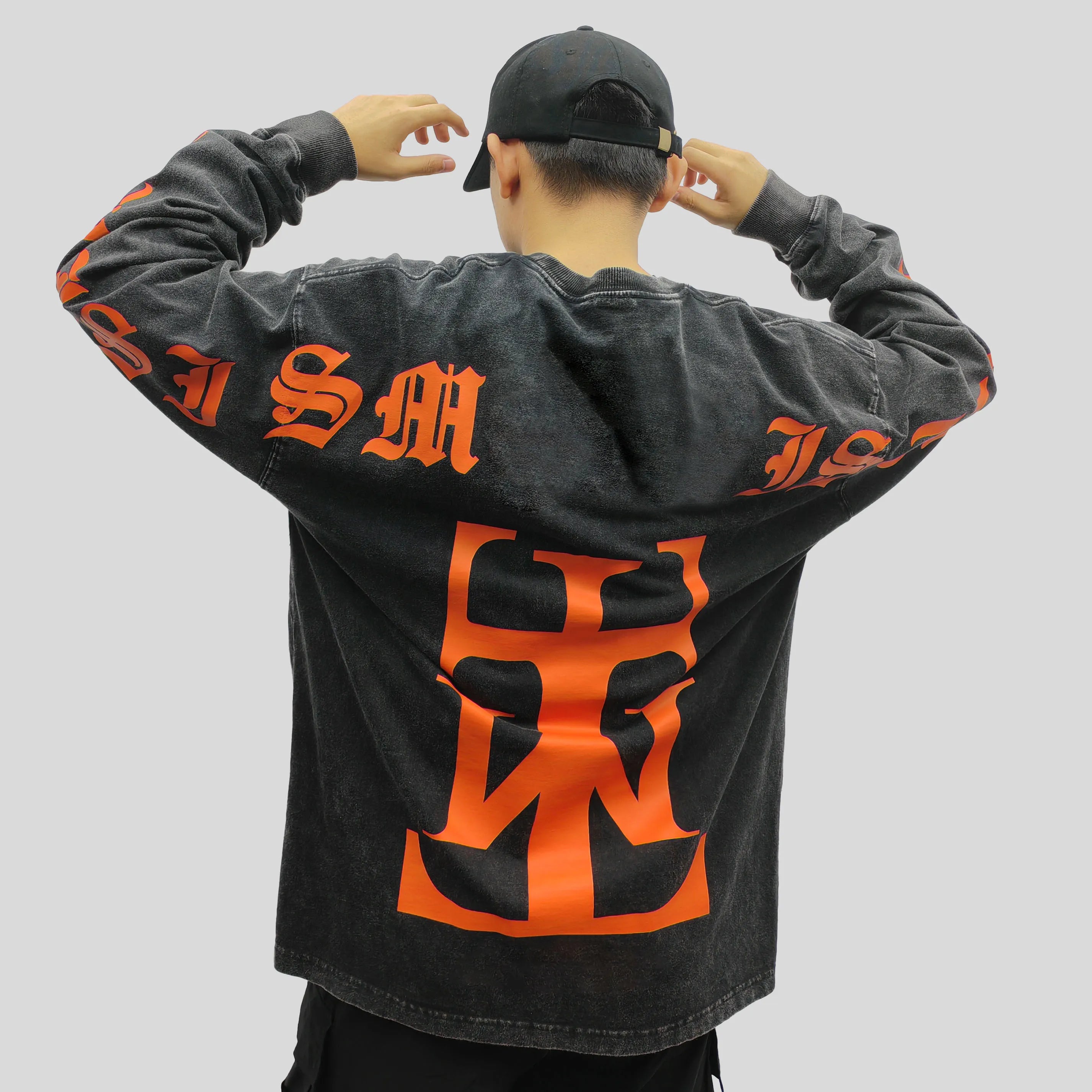 Custom Print Hoodie Acid Wash Vintage Pullover Man Crew Neck Sweatshirt Oversized Dropped Shoulder Hoodie
