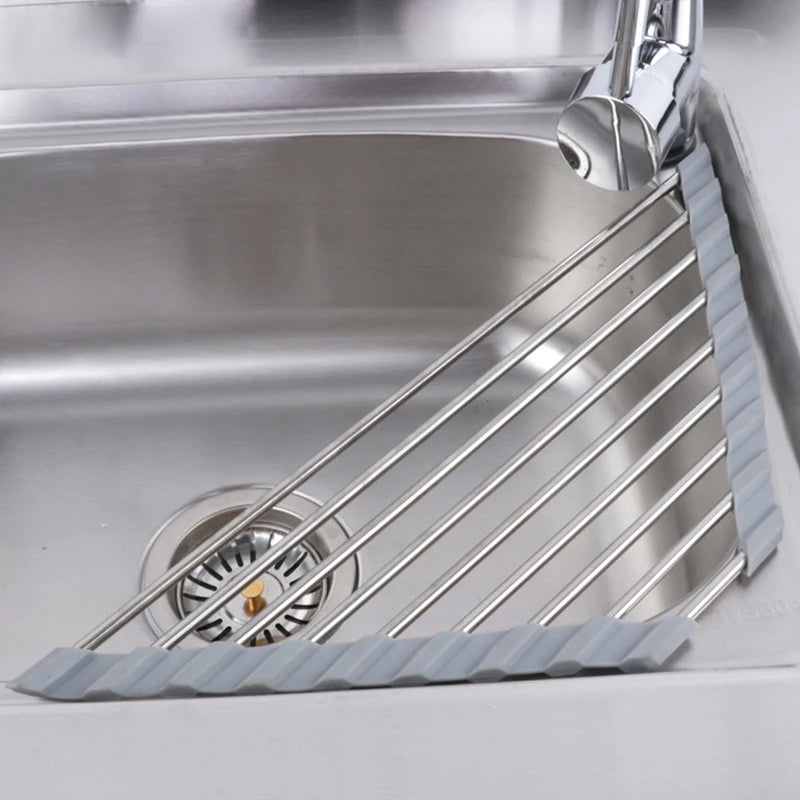 New 2021 Stainless Steel 304 Multipurpose Roll-up Over Sink Collapsible Dish Drying Rack