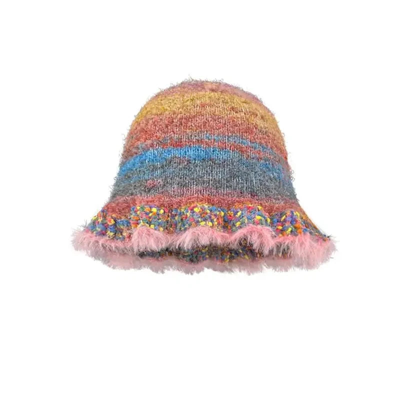 Colorful Gradient Stripe Woolen Hat Women Winter Handmade Knitted Fisherman Hat