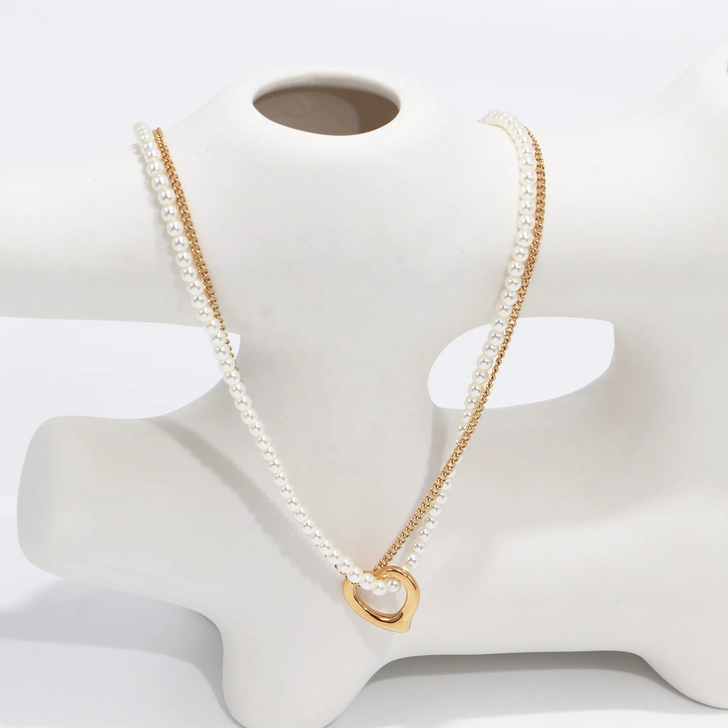 MAIOU Elegant Stainless Steel Pearl Heart Layered Chain Necklace