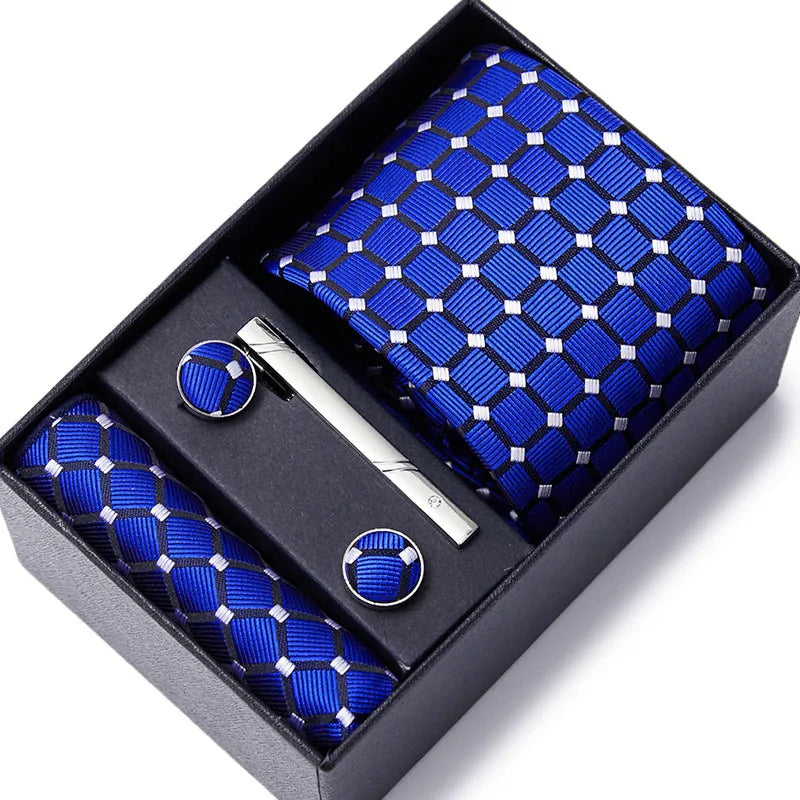 Fashion Men's Neck Tie Handkerchief Cufflinks Clip Wedding Silk Handmade 7.5cm Wide Gift Box Tie Sets