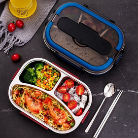Sealed Bento Box 3 Compartment Design Stainless Steel Lunch Box With Cutlery