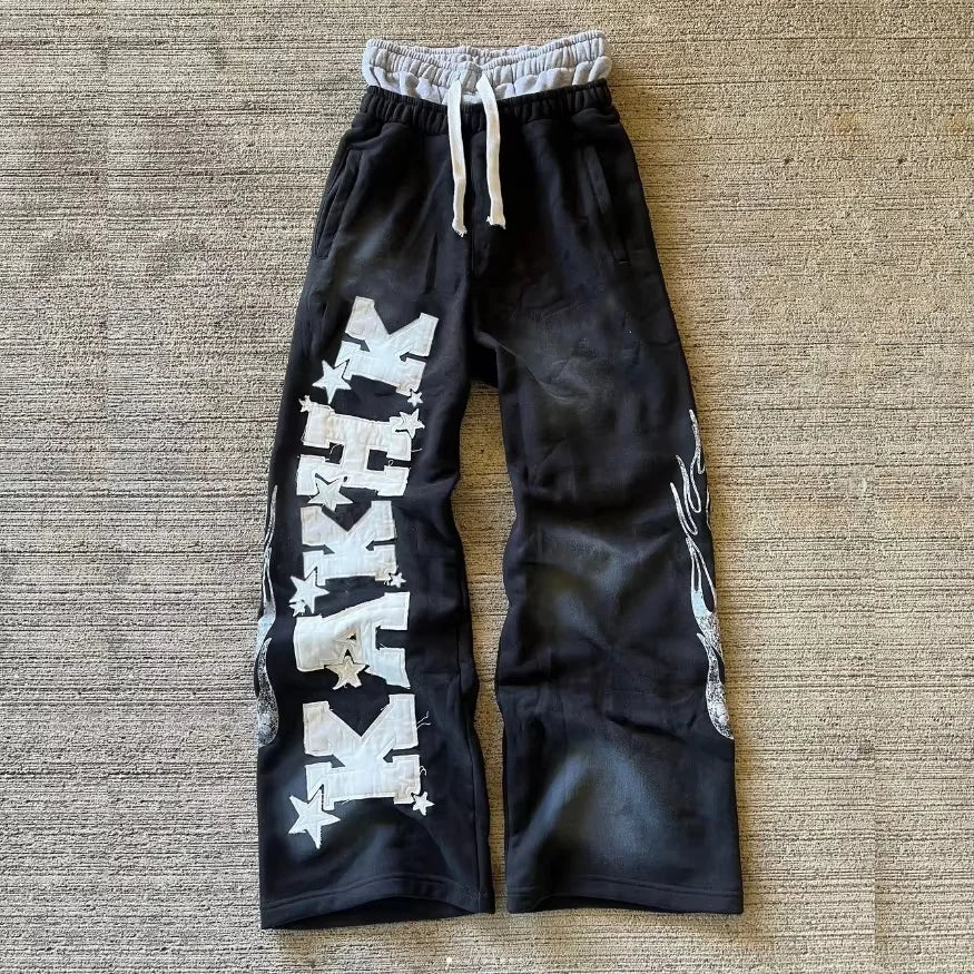 Streetwear Custom Patch Embroidery Loose Vintage Acid Wash Jogger Baggy Wide Leg High Double Waist Sweatpants for Men