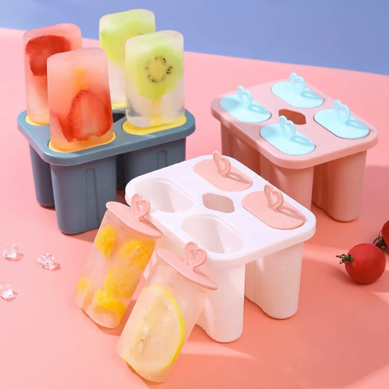 Best Selling Love Handle Homemade Ice Cream Ice Box Mold Creative Household Food Grade Silicone Four Grid Ice Cream Mold