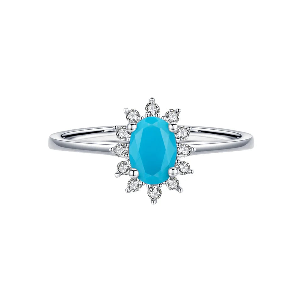 SPJ Classic Crown Ring for Women Pure 925 Sterling Silver Turquoise Cubic Zirconia Elegant Fashion Jewelry for Wedding Christmas
